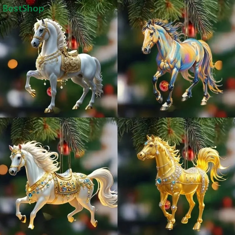 

2D Acrylic Horse Car Rearview Mirror Pendant Charm Christmas Tree Backpack Hanging Ornament Party New Year Decoration Hanging