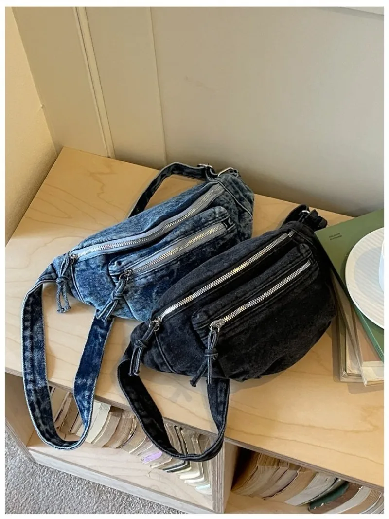 Damen Vintage Washed Denim Tasche mit Mehreren Taschen, Verstellbarer Riemen Crossbody Gürteltasche für Tägliche Aufgaben und Outdoor-Aktivitäten – Detail 27