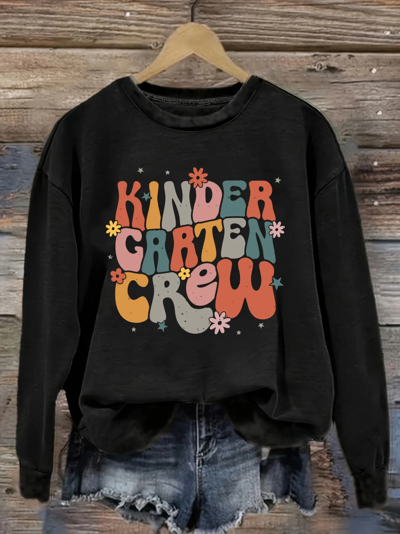 Women's Casual Long Sleeve Crew Neck T-Shirt Kindergarten Crew Floral Print Design, Round Neck Women's Clothing, Machine Washable, Slightly Elastic, Loose Fit, Spring Autumn Winter Women's T-Shirt, Halloween Costume Outfit