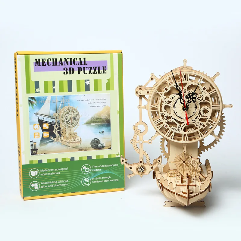 New Pirate Ship Punk Clock Building Kit 3D Wooden Puzzle Toy Wall Clock Assembly Creative Handmade Toy Home Decoration 3D Puzzle