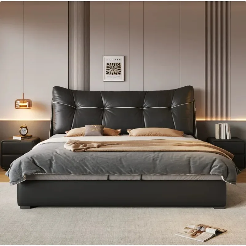 #2026 New Italian Luxury Genuine Leather Bed - Master Bedroom High-End And Grand Soft-Padded Double Bed With Storage