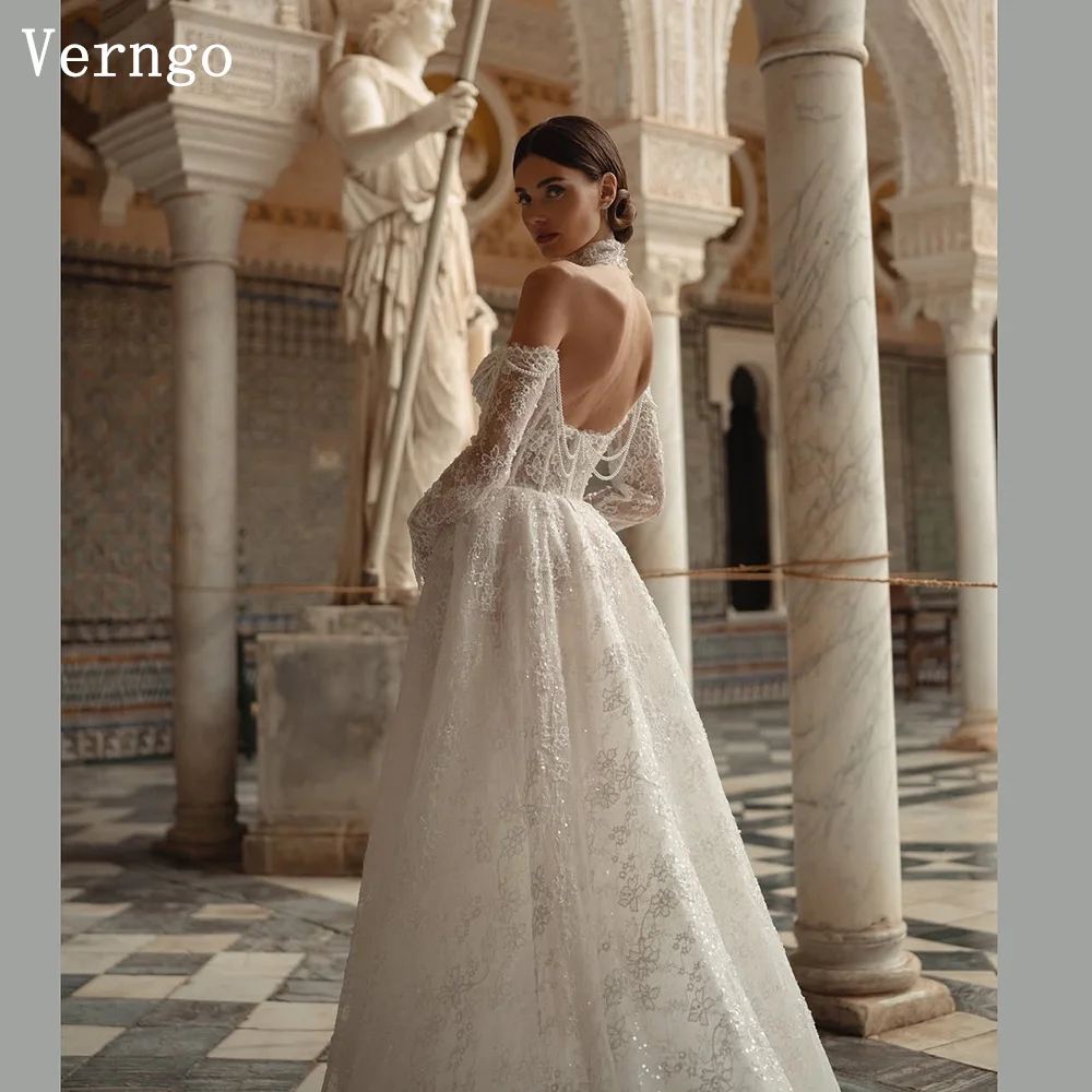 Verngo lvory Lace Wedding Dress Sweetheart A Line Bride Gown Elegant Full SleeveBridal Dress Customized vestido de satén de boda