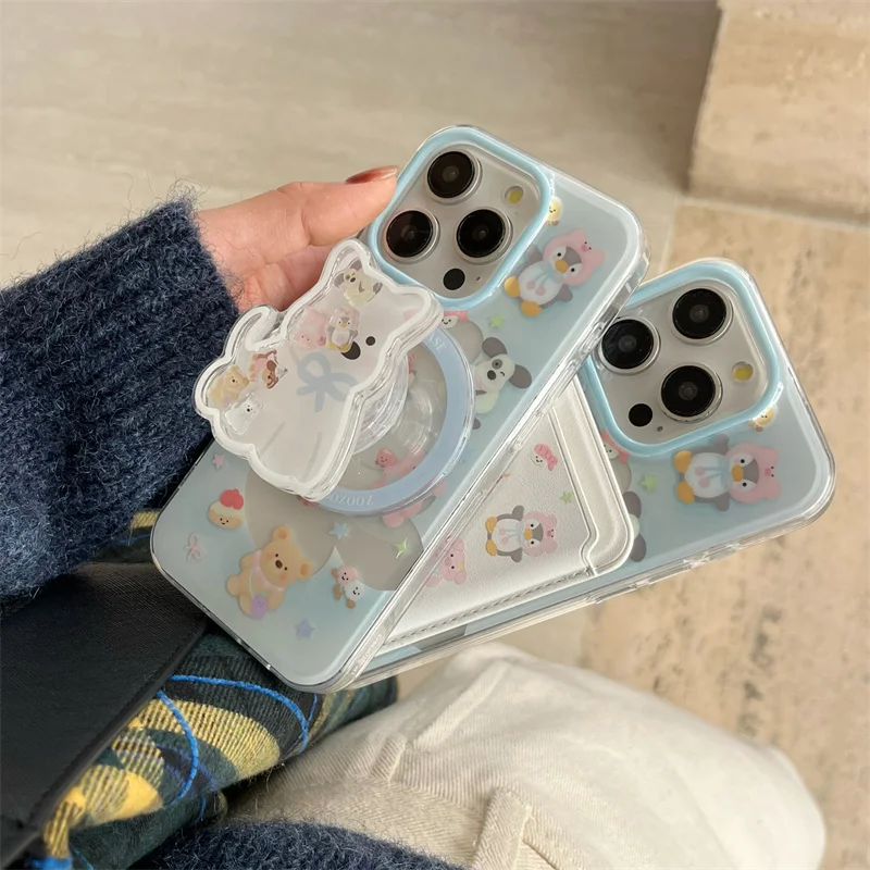 

Kawaii Magnetic Stand Phone Case For iPhone 16 15 Pro 13 14 Pro Max Cover with Magsafe Card Holder Cases Cute Puppy Funda 16pro