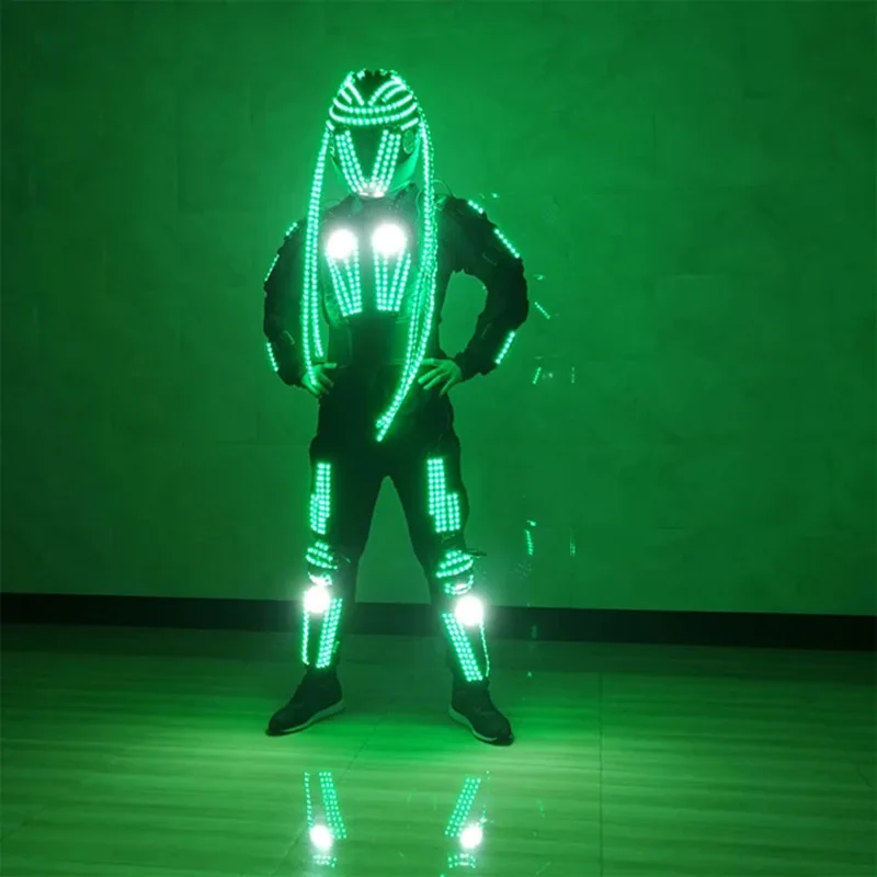 2025 كرنفال RGB التحكم عن بعد LED روبوت مضيئة درع وامض زي مع خوذة ملونة مرحلة الأداء الملابس