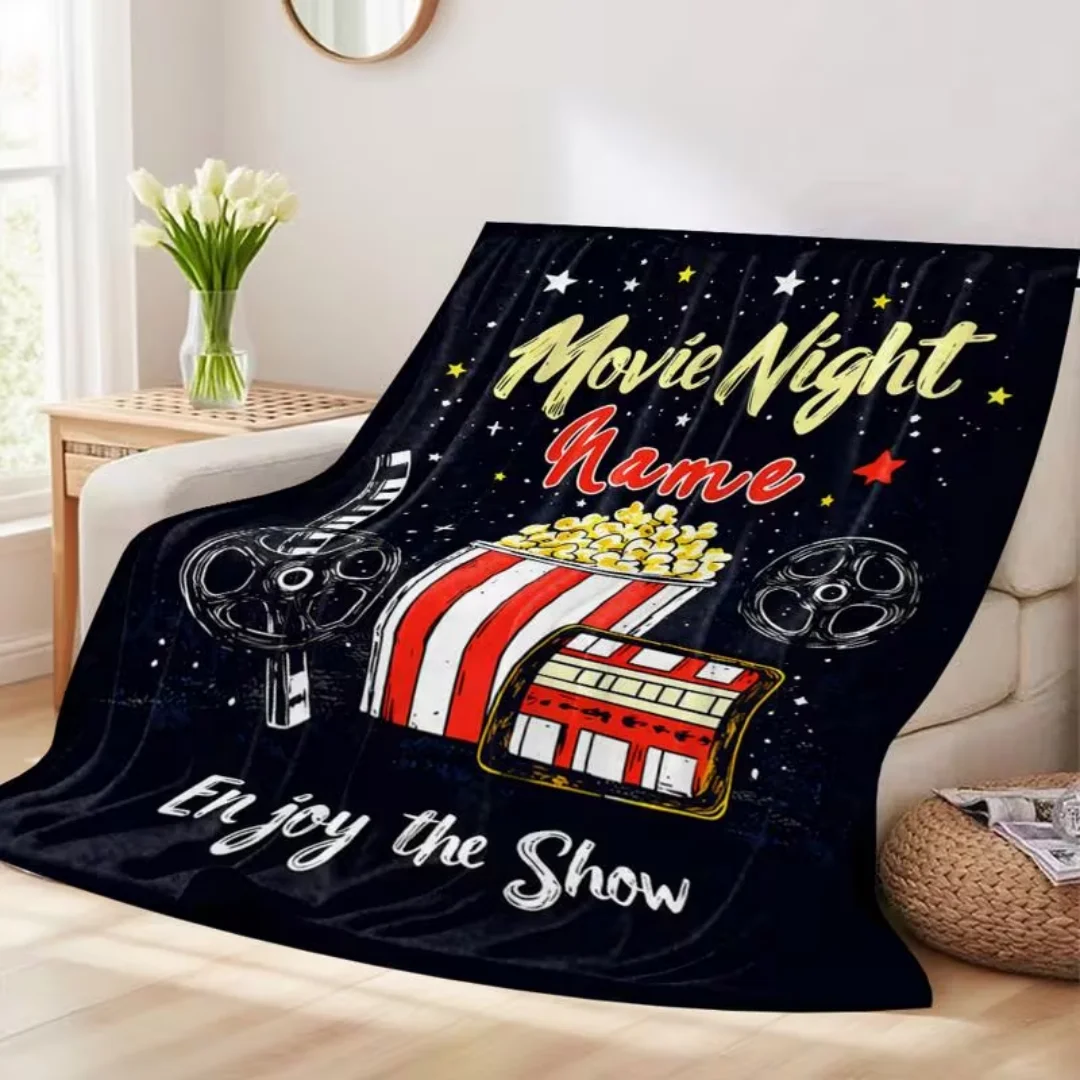 Custom Name Text Movie Night Flannel Blanket, Popcorn Film Reel Print Soft Throw for Sofa Bed Travel Camping Office Home Decor