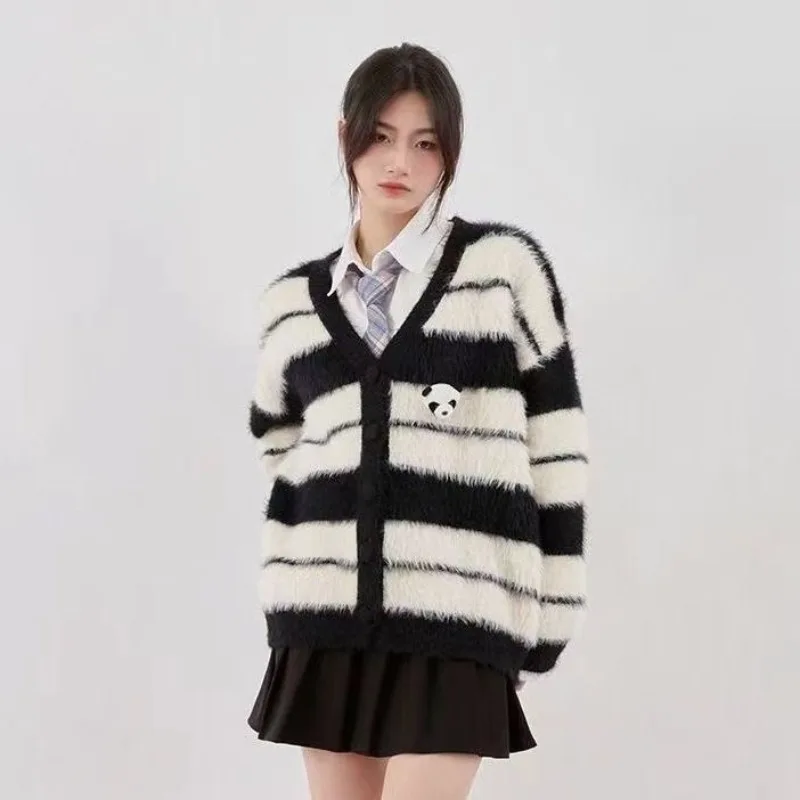 

Кардиган женский в полоску с медведем, норковый кардиган, пальто, женский осенне-зимний Свободный вязаный свитер, кардиган, Женский Топ