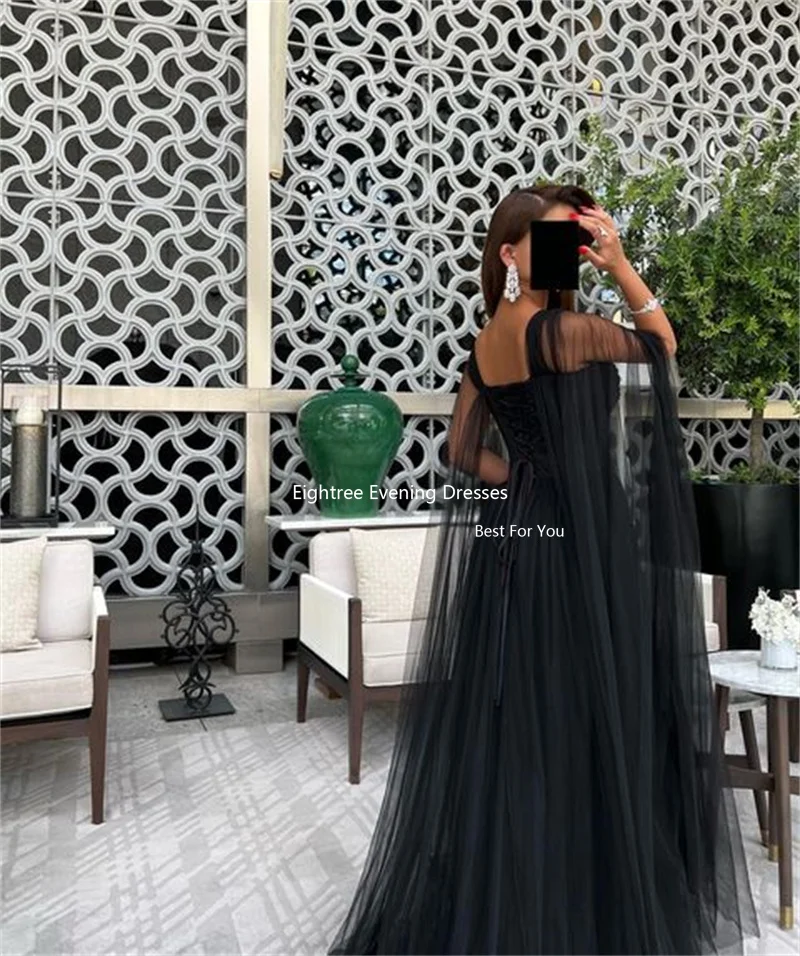 Eightree Black Evening Dresses Strapless Mermaid Tulle Dubai Arabic Women Special Prom Gowns Robes De Soirée Formal Party Dress