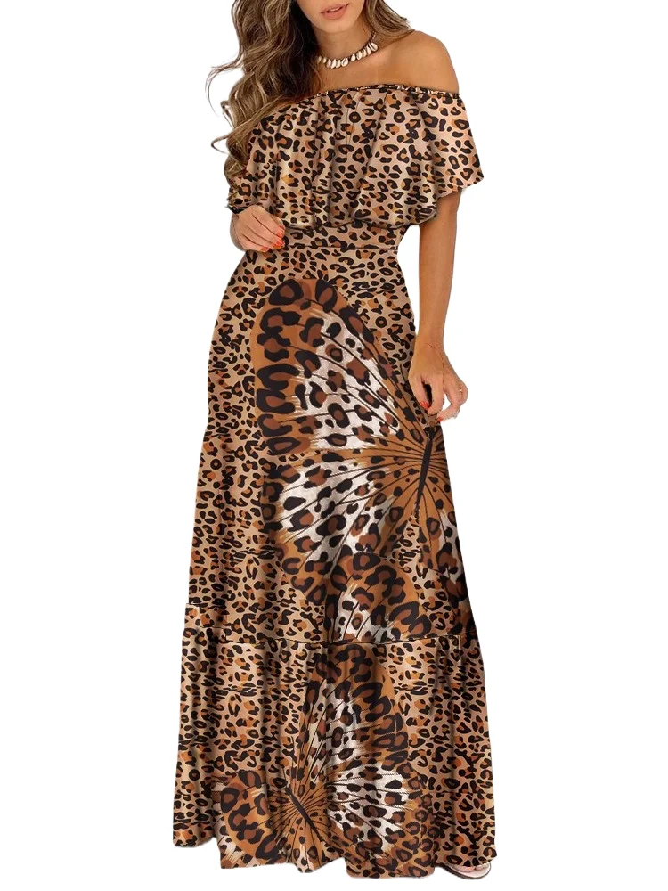 

Fashion Print Off Shoulder Long Dresses Women Summer Ruffles One-piece Collar Leace-up Maxi Dress Female Commuting Vestidos New