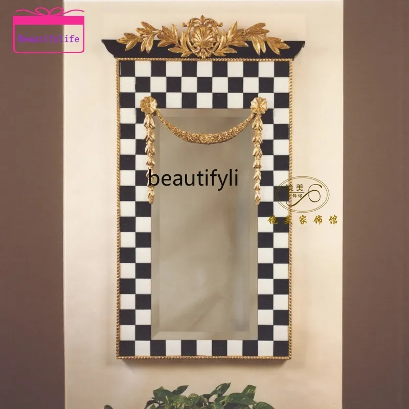 YL  French Retro Carved Black and White Checkered Decorative Mirror American Fireplace Entrance Mirror Wall Hanging