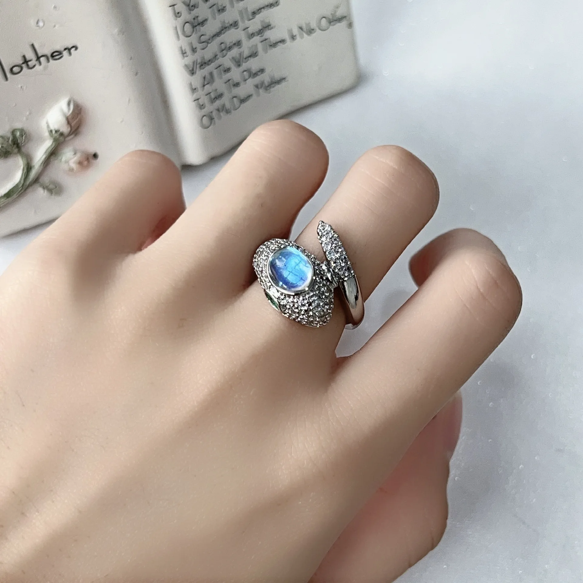 

Serpentine Blue Zircon Ring Adjustable Stacking Band Mystic Crystal Jewelry Unique Statement Gifts Birthday for Women