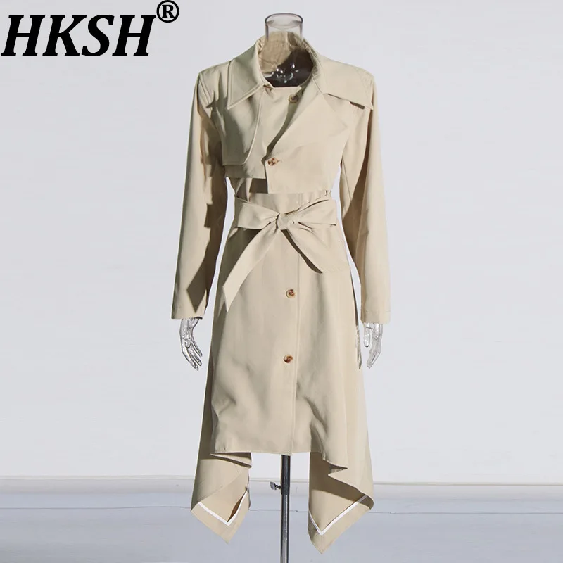 

HKSH Autumn New Women Long Trench Coat Single Breasted Turn-down Collar Waistband Irregular Hem Chic Elegant Windbreaker HK11496