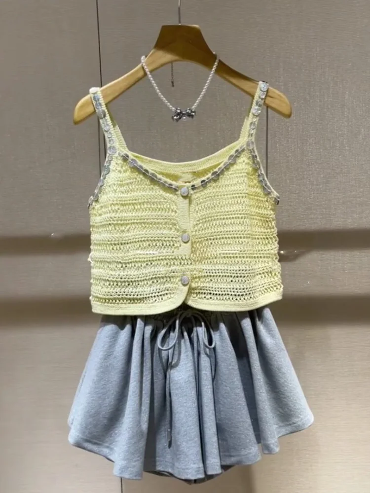 

High-End Version Heavy-Light Sequin Hollow out ort- Sve Knitted Wrap Top Women's Summer Vaion Sle Off-oulder Blouse