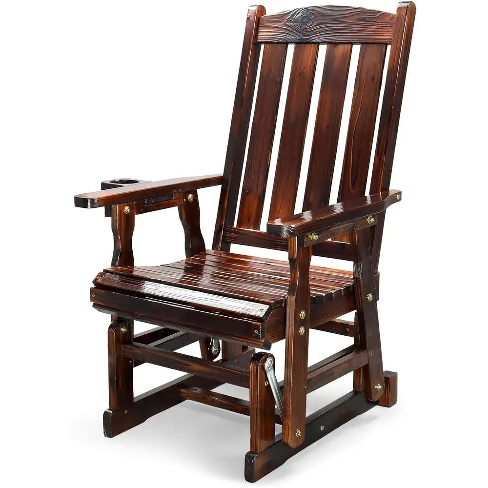Durable Wooden Patio Glider with Cup Holder and Smooth Rocking, Supports Up to 600 LBS