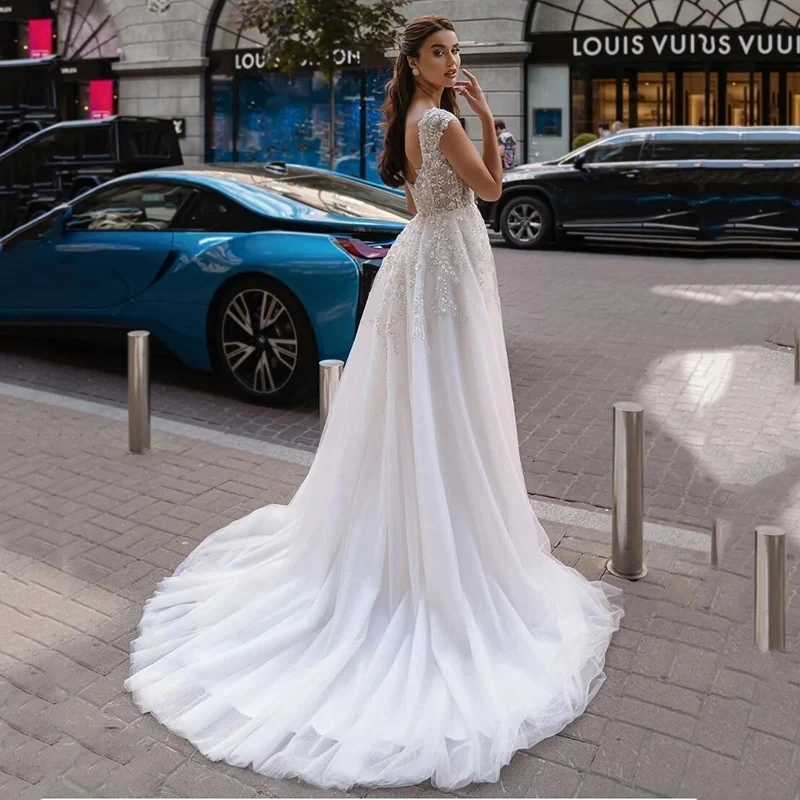 Vestidos de casamento em linha A para mulheres, mangas curtas, vestidos nupciais com o pescoço, apliques de renda, vestido sem costas, 2024