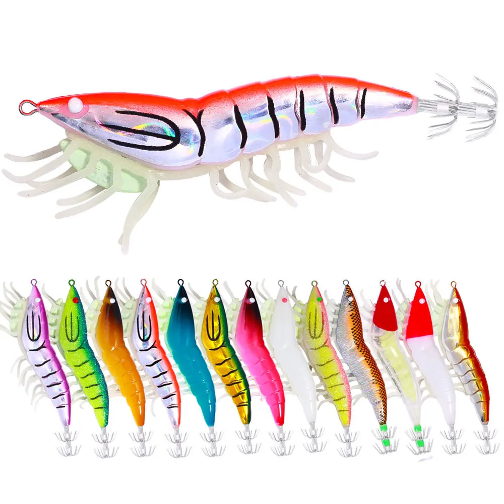 1pcs Squid Bait 12cm 20g 3.5# Night Light Wood Shrimp Squid Hook With Sound Bead Soft Leg Shrimp Lure Bait Fishing Accessories