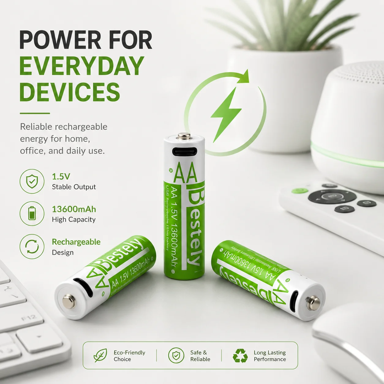 Bestely 1.5V 13600mAh USB AA Lithium ion Rechargeable Battery, Fast Charging Li-ion Akku , 2000 Cycle with Type- C Port Cables