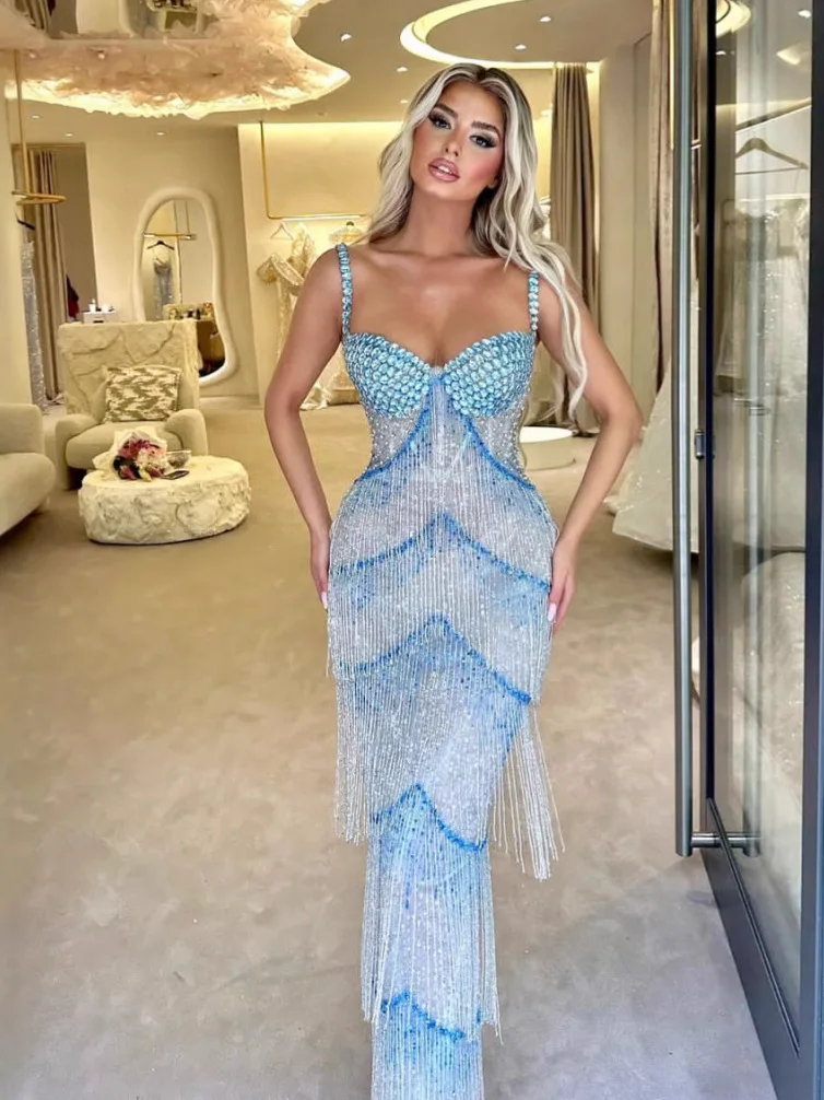 

Blue Diamond Rhinestones Birthday Dress Women Celebrate Evening Gown Stage Catwalk Festival Outfit Ballroom Party Dresses