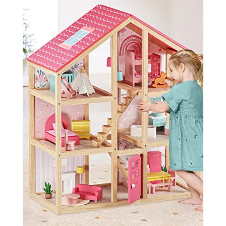 

Wooden Dollhouse for Girls - 6 Rooms, Natural Wood, Light Brown, Eco-Friendly DIY Assembly with 31-Piece Furniture Set