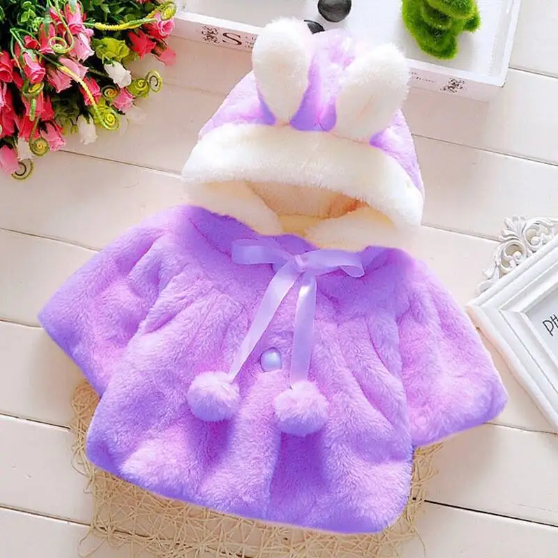 Girl\'s Winter New Coat Sweet Rabbit Ear Hooded Warm Wool Sweater Suitable for 0-3 Year Old Babies