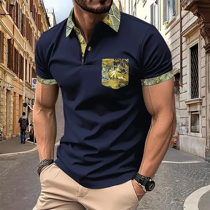 

Summer men's short sleeved polo shirt business office solid color lapel pocket T-shirt Male daily sports and leisure pocket top