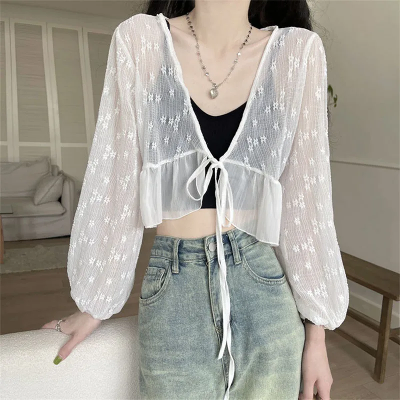 Sweet Ruffles Bandage Crop Tops Female Elegant V-Neck Lace Sun Protection Blouse Women Summer Long Sleeve Thin See Through Shirt