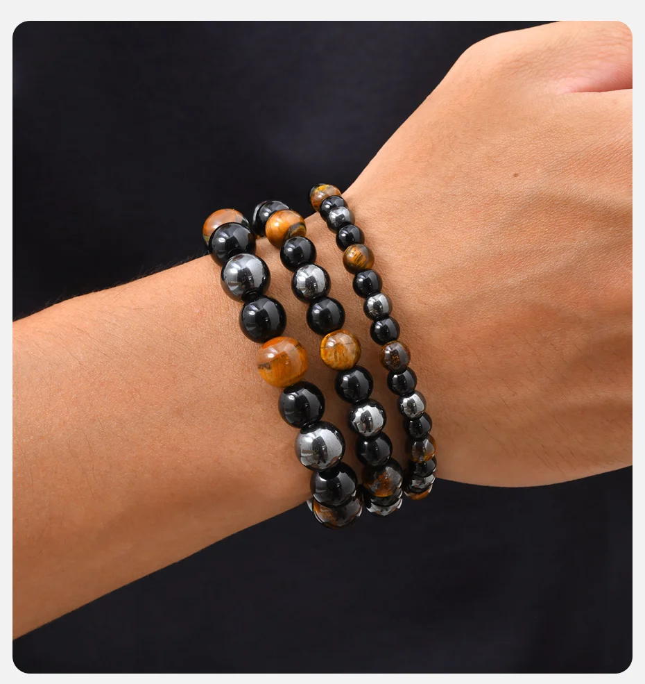 Vnox 6/8/10mm Breites Perlenarmband für Männer, Tigerauge Hämatit Schwarzes Glasstein Stretch-Armband, Elastischer Handgelenkschmuck Geschenk – Detail 2