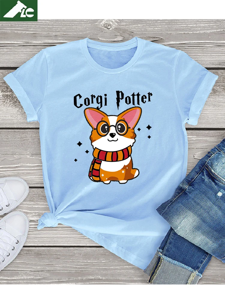 

Cotton Kawaii Corgi Potter T Shirt Smmer Top Women 2022 Unisex Gift For Corgi Lovers Graphic T Shirt Femme Cute Streetwear 3XL