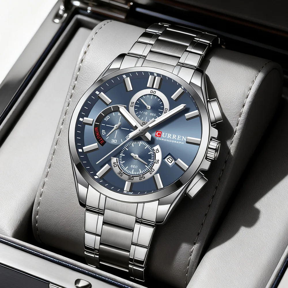 

CURREN модные шикарные кварцевые часы для мужчин, повседневный спортивный хронограф, ремешок из нержавеющей стали, светящиеся стрелки