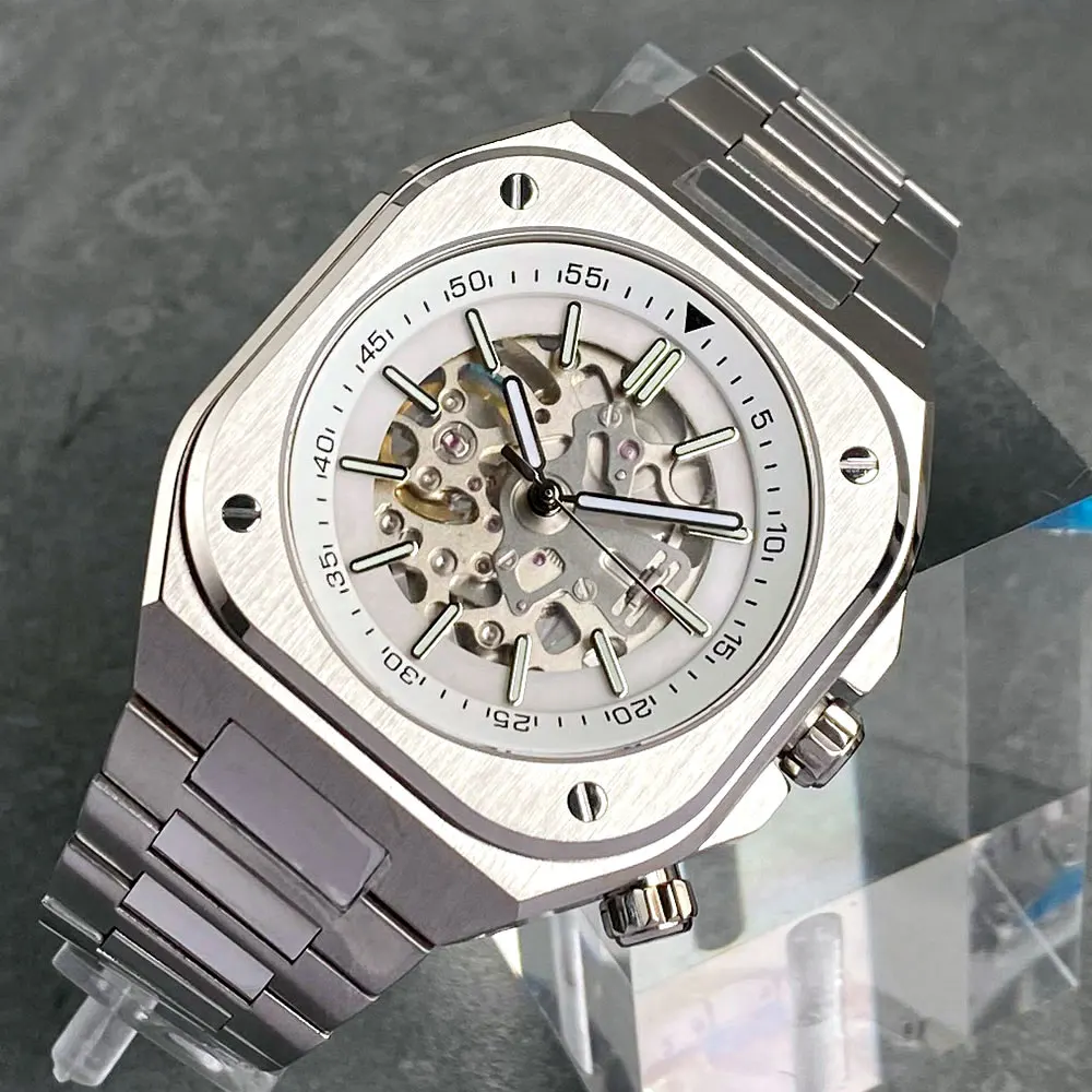 Tandorio New 42mm Fit NH70 Movement Square Sapphire Glass Automatic Mechanical Vintage Watch For Men White Skeleton Dial view 4