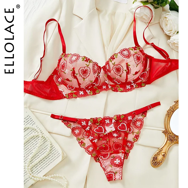 Ellolace Love Valentine Lingerie Luxury Delicate Underwear Ensemble Sexy Femmes Intimate Outfit Hot Lace Beautiful Brief Sets