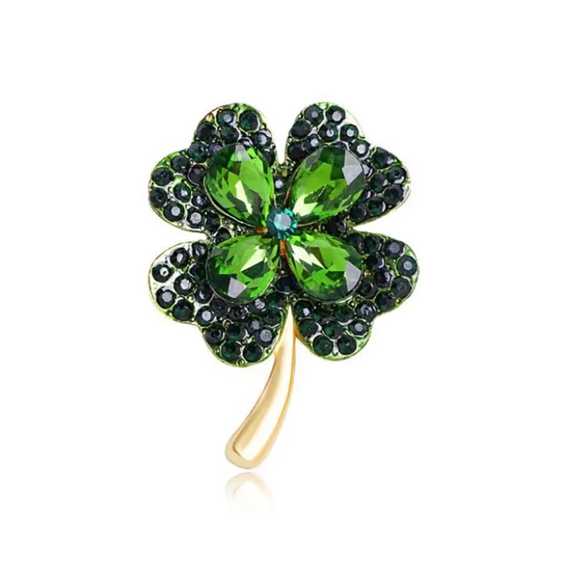 Rhinestone Clover Brooches For Women Green And Red Color Pin Peace And Health Plant Jewelry