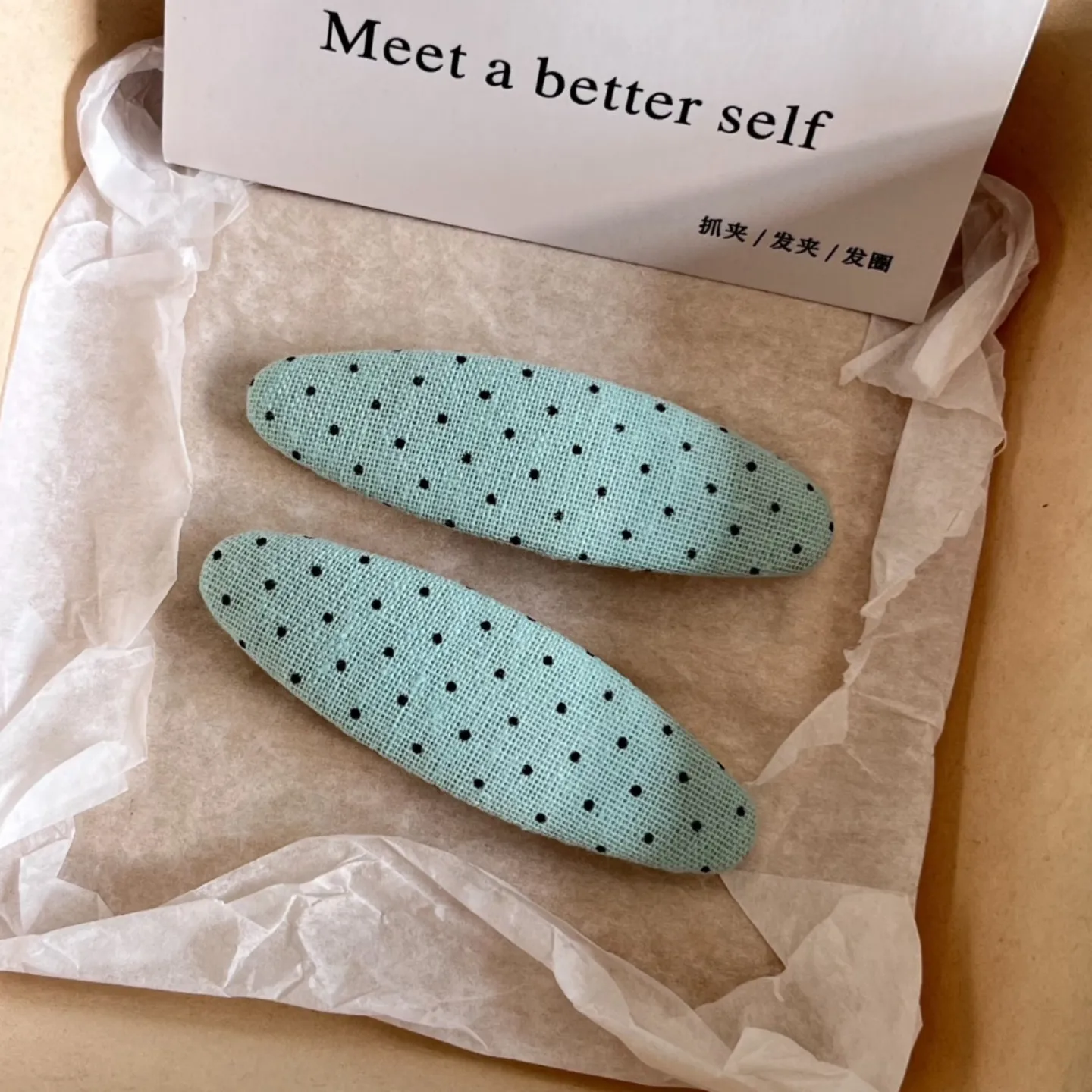 Hair Clip Korean Style Mint Green Polka Dot Fabric Covered Metal Snap Clip for Bangs Side Hair Comfortable Non Slip