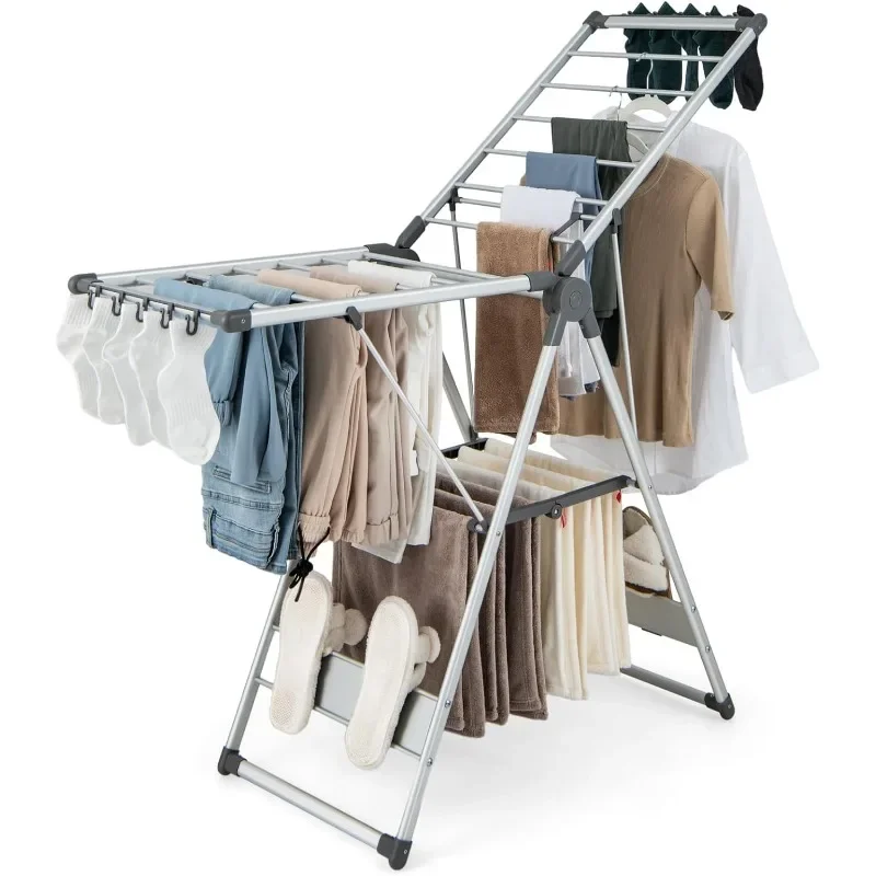 Collapsible Clothes Drying Rack, 2-Layer Space-Saving Aluminum Drying Rack w/Adjustable Wings, Folding Laundry Drying Rack