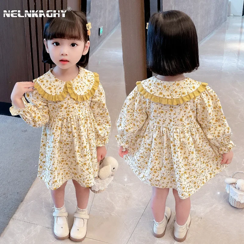 

2024 Spring New in Kids Baby Girls Cute Clothes - Children Full Sleeve Flower Peter Pan Collar Knee length Dress, Toddler 2-7Y