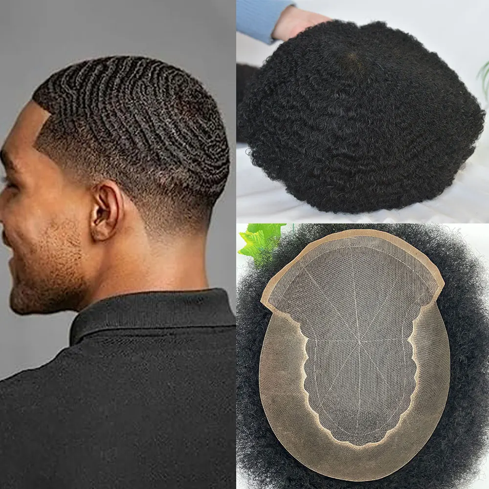 Q6 Men's Toupee 360 Wave 6mm Afro Kinky Curly 6MM Human Hair Full Lace Toupee for Men Lace Wigs 10X8Inch Hair System Toupee 1B