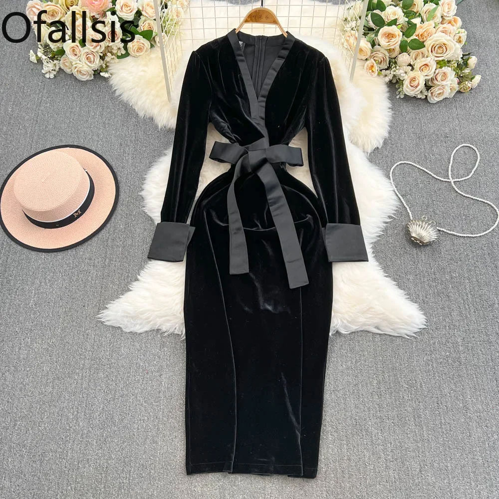 Ofallsis High End Light Luxury Temperament Socialite Black Dress 2024 Autumn Winter New Gentle Style Velvet Evening Dresses