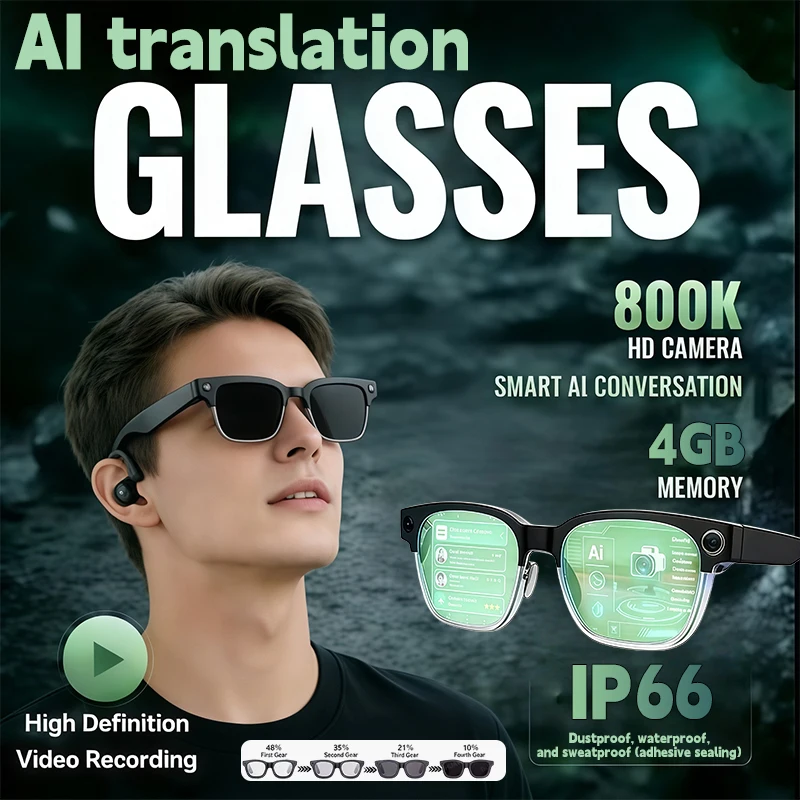 

Умные очки с ИИ, 8-мегапиксельной камерой с шумоподавлением, записью видео, переводом на 100+ языков, фотохромные, для мужчин и женщин