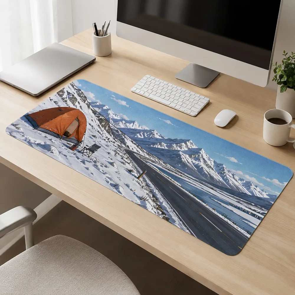 Anti-slip desk mat with thick base featuring winter scenery, keyboard and mouse pads, study desk accessory, workspace decoration