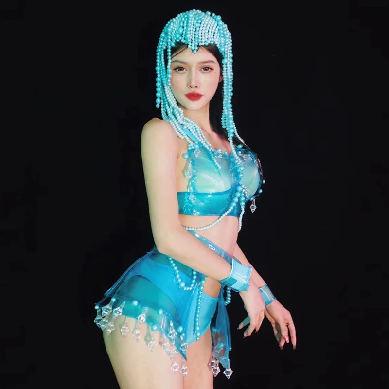 

Bar Nightclub Dj Ds Gogo Costumes Pearls Chain Headwear Sexy Transparent Blue Diamond Bikini Women Pole Dance Outfit XS3866