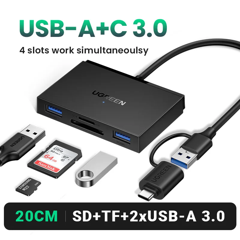 BENFEI Geheugenkaartlezer, 4in1 USB 3.0 en USB-C naar SD Micro SD MS CF-kaartlezeradapter, 4 kaarten tegelijk lezen en schrijven, compatibel met iPhone 15-serie, MacBook Pro/Air 2023 en meer
