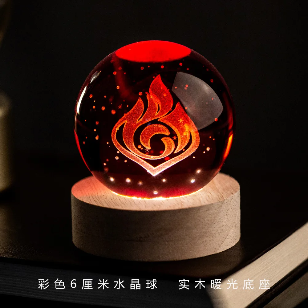 Genshin Impact Vision 3D gegraveerde kristallen bol nachtlampje 6CM met houten warme lichtbasis bureaudecoratie voor anime game fans