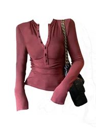 American Retro Gyaru Red Crop Top Women New O-Neck Long Sleeve Casual T-Shirts Slim Coquette Tees High Street Kpop Autumn Winter