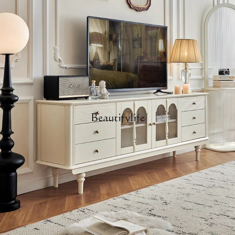 

yj5 French Cream Wind Solid Wood TV Cabinet White Full Log Living Room Household