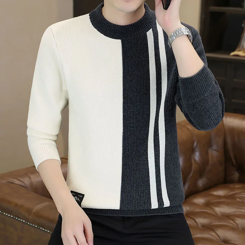 

Thiened f High Collar Knitted Sweater Men's Autumn Winter Casual Sle Color Blo Striped Pattern Cotton Velvet Hoodie