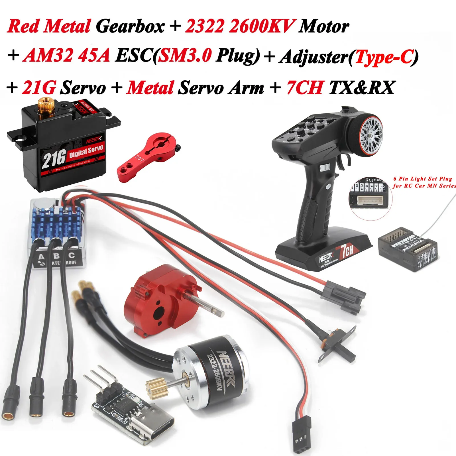 Power Combo 2322 2600KV Borstelloze Motor Metalen Versnellingsbak AM32 45A ESC 7CH Zender 21G Servo voor RC Auto MN82 MN78 MN168 MN99