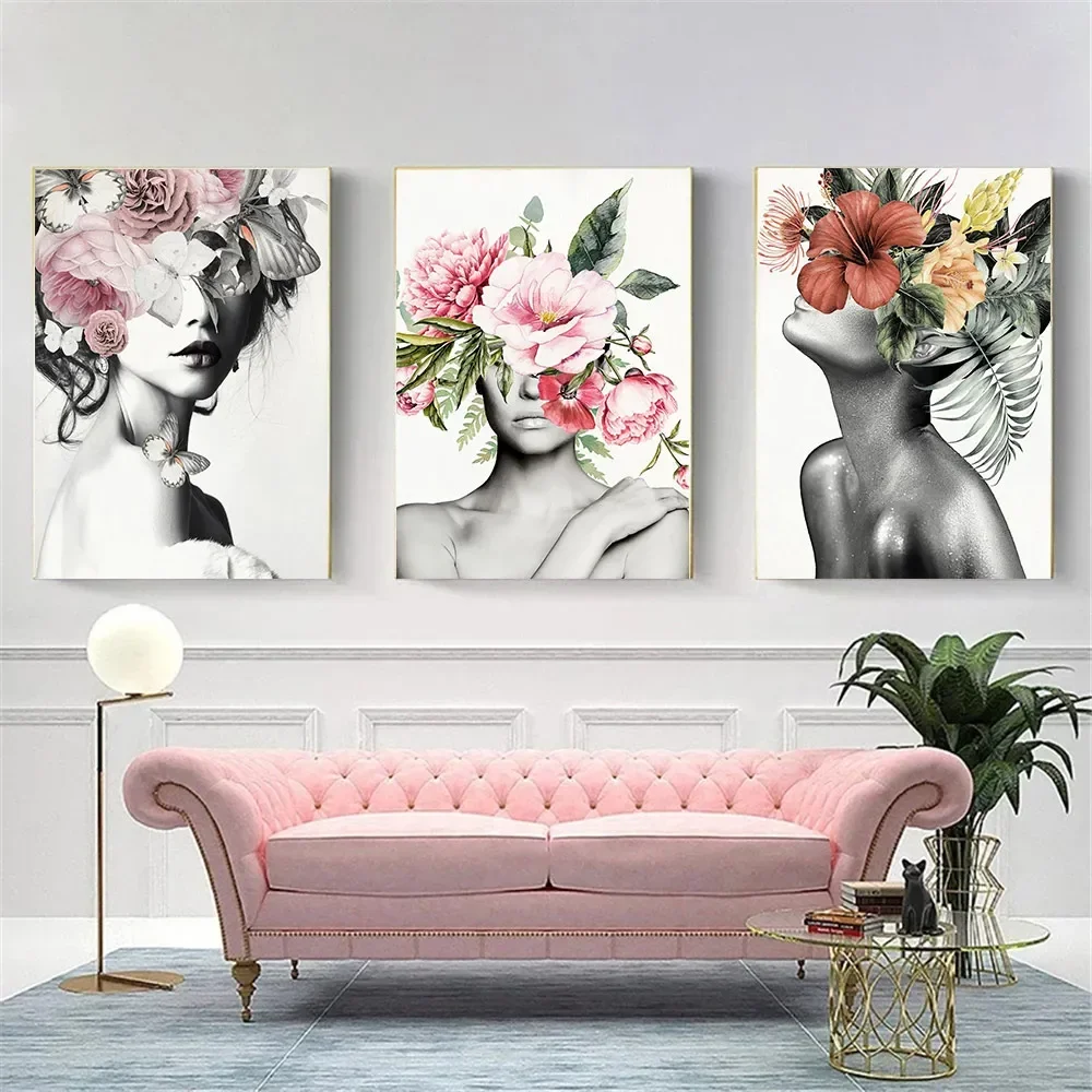 

Woman Head Flower Wall Art Canvas Painting Naked Female Body Print Poster Beauty Lady Paintings Nordic Wall Pictures Home Decor