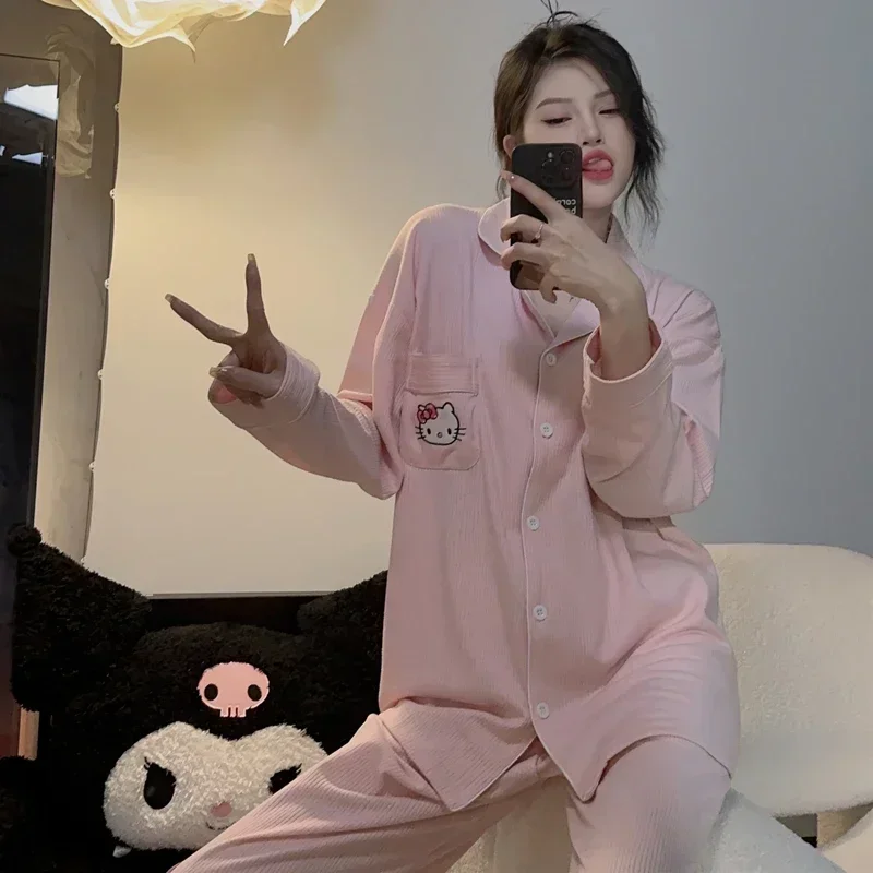 Pijamas de seda Sanrio Hello Kitty para mujer, pantalones de manga larga de algodón puro de otoño, pijamas informales cómodos de dibujos animados