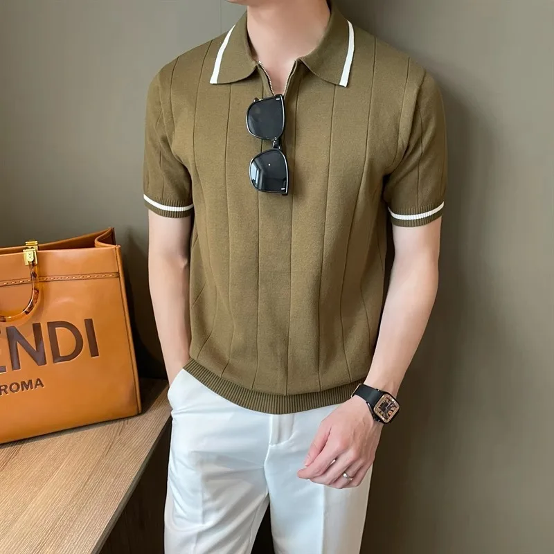 Summer Half-Zip Lapel Short Sleeve Knit Polo Shirt Men's Business Casual Streetwear Top