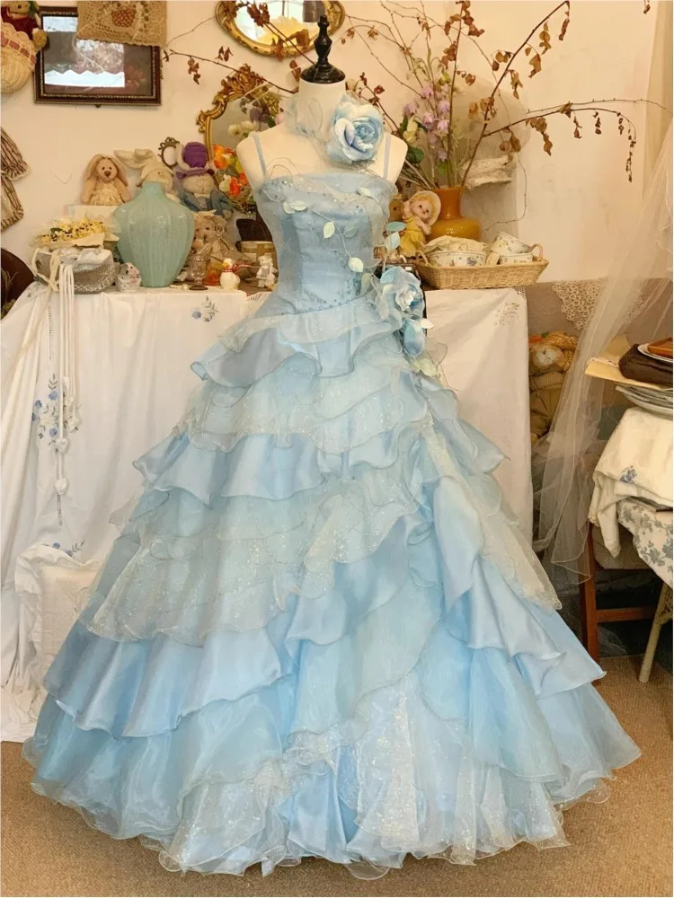 Blue halter student graduation adult Pengpeng birthday toasting dress