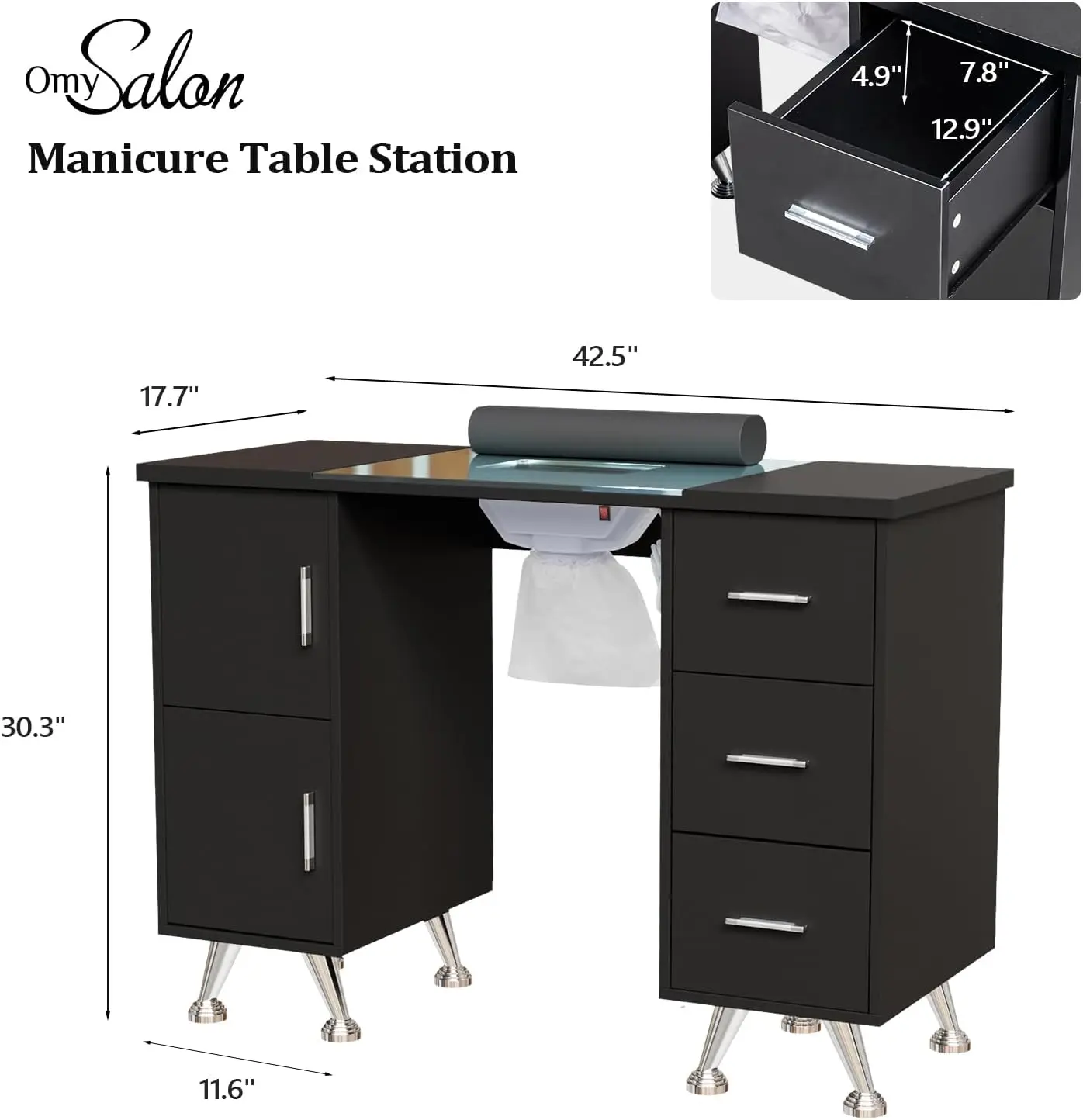 OmySalon Manicure Table Nail Desk for Nail Tech w/Glass Top & Wrist Rest,Nail Decor Workstation Acetone Resistant